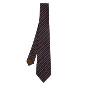 Hermes Brown Diagonal Striped Silk Jacquard Tie 