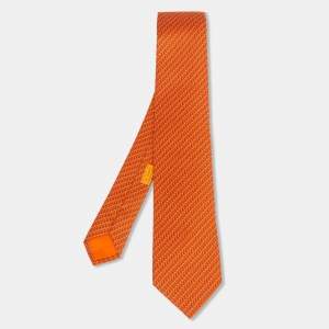 Pre Owned Hermès Orange Domino Effect Silk Tie