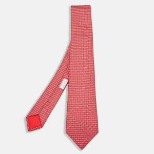 Hermès Red 7 Quinte Printed Silk Slim Tie