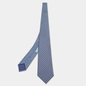 Hermès Navy Blue J'Ai Touche Pompon Printed Silk Slim Tie