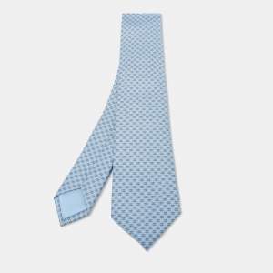 Hermès Blue H Au Maillon Printed Silk Skinny Tie