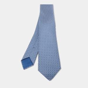 Hermès Blue 7 H Maillon Printed Silk Slim Tie