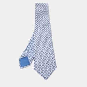 Hermès Blue Les Dents d'Hermes Twillbi Printed Silk Slim Tie