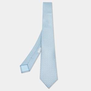Hermès Light Blue H Quinte Printed Silk Slim Tie