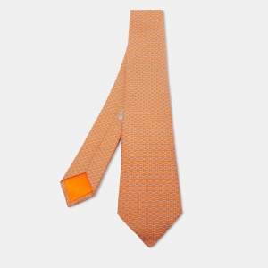 Hermes Orange H Ligne Printed Silk Slim Tie