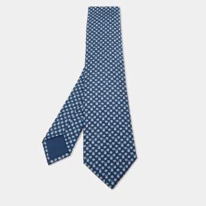 Hermès Navy Blue Tetes A Pois Printed Silk Slim Tie