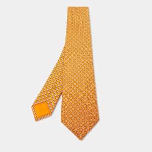 Hermès Orange J'Ai Touche Le Pompon Printed Silk Slim Tie