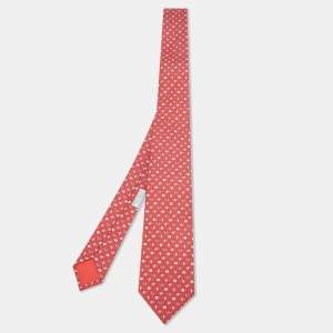 Hermès Red Hermès Luck Printed Silk Slim Tie