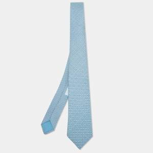 Hermès Blue 7 Glenan Twillbi Printed Silk Slim Tie