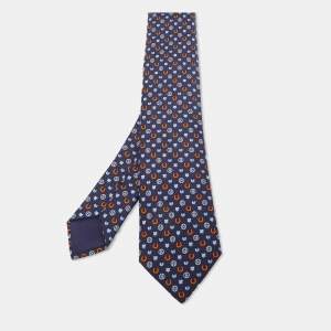 Hermès Navy Blue Job Interview Printed Silk Slim Tie