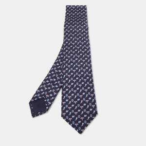 Hermès Navy Blue Flying Hermes Printed Silk Slim Tie