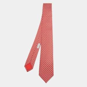 Hermes Red Drone Print Silk Skinny Tie