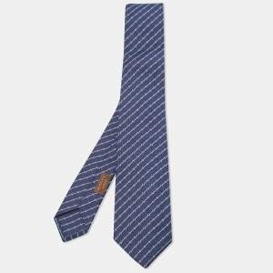 Hermès Navy Blue H Quadrige Patterned Silk Super Skinny Tie
