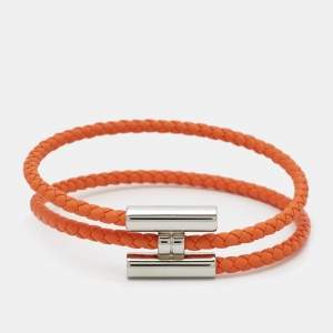 Hermes Tournis Tresse Orange Leather Palladium Plated Bracelet