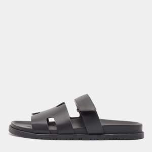 Hermes Black Leather Chypre Sandals Size 45.5