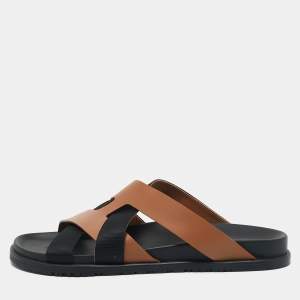 Hermes Brown/Black Leather and Fabric Kazimir Flat Sandals Size 46