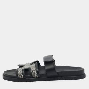 Hermes Black/White Leather and Canvas H Maxi Chypre Flat Sandals Size 45.5