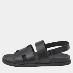 Hermes Black Leather Genius Flat Sandals Size 46