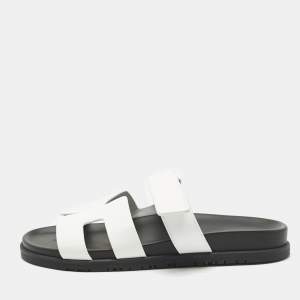 Pre Owned Hermes White Leather Chypre Slide Sandals Size 41