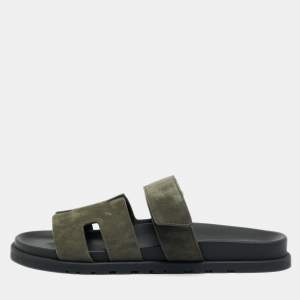 Pre Owned Hermes Chypre Size 42 Dark Olive Green Slide Sandals