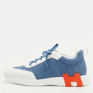 Pre Owned حذاء رياضي هيرمس دينم وجلد أزرق/أبيض بونسنج مقاس 42