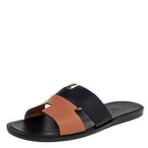 Hermés Black/Brown Leather Izmir Flat Slides Size 44