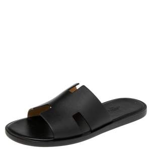 Hermes Black Leather Izmir Flat Sandals 40
