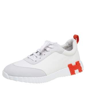 Hermes White Suede and Fabric Bouncing Sneakers Size 46