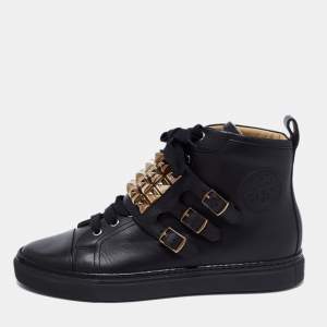 Hermes Black Leather Studded Lennox High-Top Sneakers Size 41.5