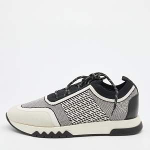 Hermes White/Black Suede and Knit Fabric Addict Low Top Sneakers Size 41