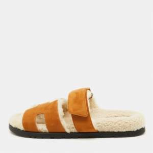 Hermes Tan Suede and Shearling Fur Lined Chypre Sandals Size 41.5