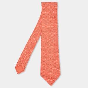 Hermes Orange Nautical Seashell Print Silk Classic Tie
