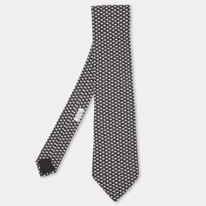 Hermes Black Fish Print Silk Traditional Tie