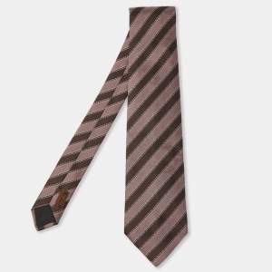 Hermes Brown Diagonal Stripe Pattern Silk Traditional Tie