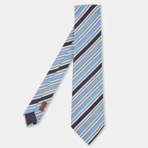 Hermès Blue Diagonal Stripe Pattern Silk Classic Tie