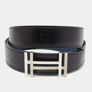 Hermes Noir/Bleu De Prusse Chamonix and Togo Leather H Au Carre Reversible Belt 100 CM