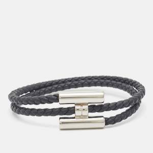 Hermès Tournis Tresse Black Leather Palladium Plated Bracelet