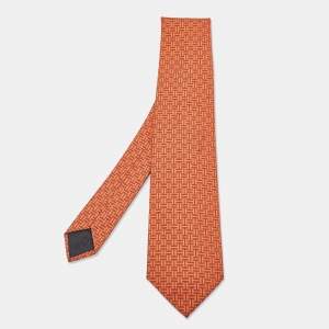 Pre Owned Hermès Orange Patterned Silk Tie