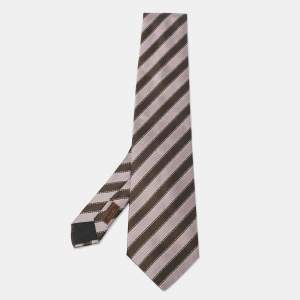 Hermès Brown Diagonal Striped Silk Tie 