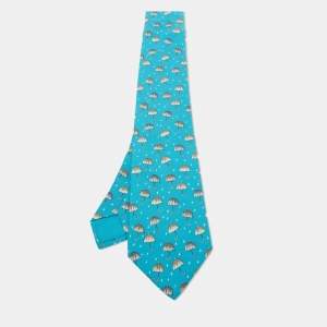 Hermes Blue/Grey Umbrella Print Silk Classic Tie