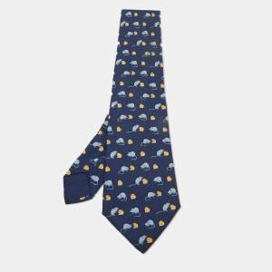 Hermès Navy Blue Mouse and Cheese Print Silk Classic Tie