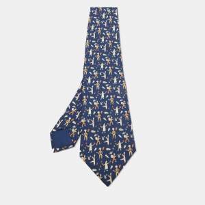 Hermes Blue Les Vendanges Print Silk Classic Tie