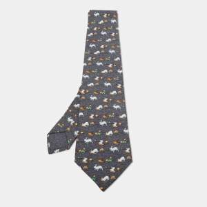 Hermes Grey Rabbit Print Silk Classic Tie