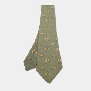 Hermes Olive Green/Beige Boxing Kangaroo Print Silk Classic Tie