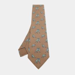 Hermes Beige/Blue Boxing Kangaroo Print Silk Classic Tie
