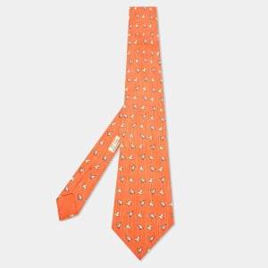 Hermès Orange Whimsical Chicken Print Silk Tie