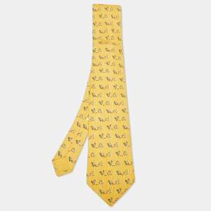 Hermes Yellow Whimsical Chickens Print Silk Classic Tie
