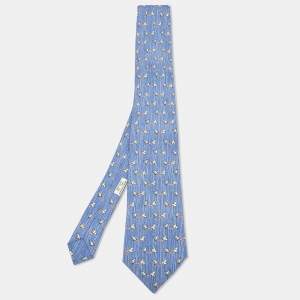 Hermès Blue Whimsical Chickens Print Silk Classic Tie