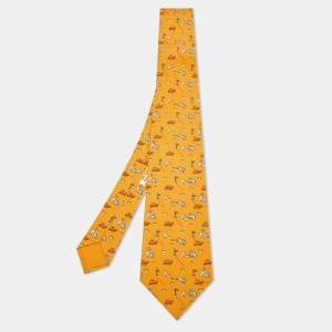Hermès Mustard Bunny/Turtle Print Silk Classic Tie
