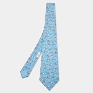Hermès Blue Raccoon Print Silk Classic Tie